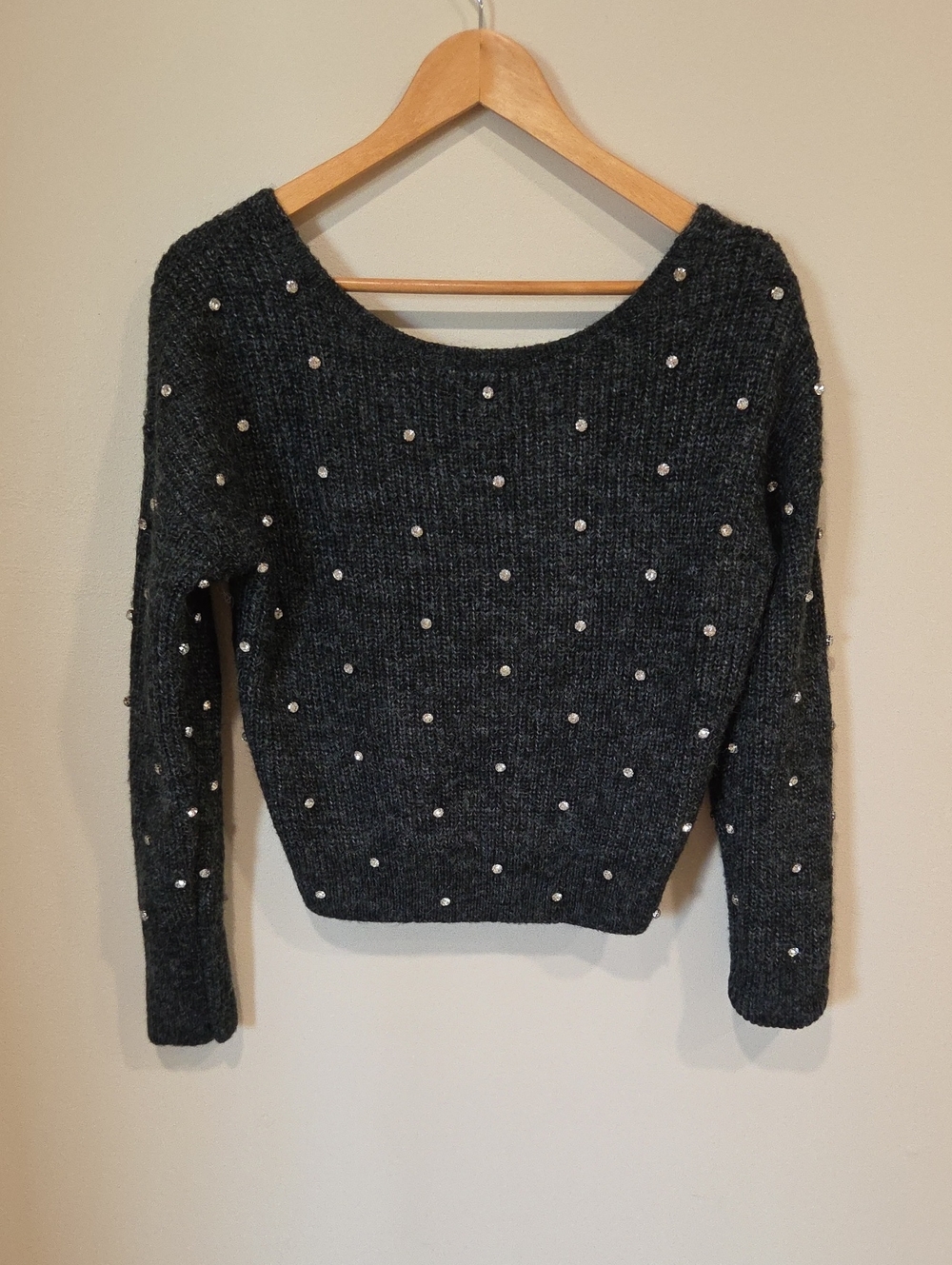 Express Charcoal Crewneck Sweater with Pearl Studs